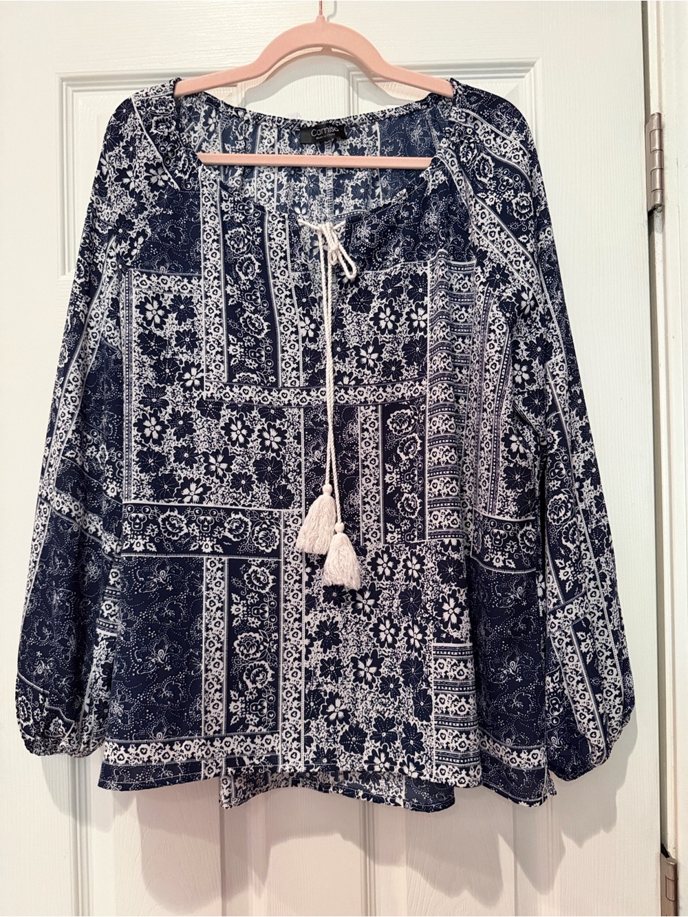 Camisa.  Navy and White Tassel Peasant Blouse